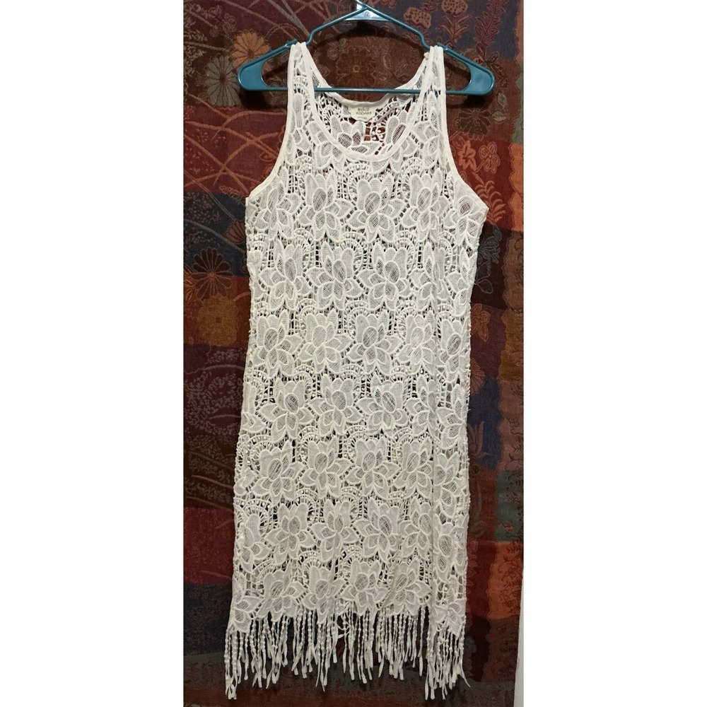 Molly Bracken Anthropologie Cream/Ivory Lace Crocheted Fringed‎ Dress L Boho